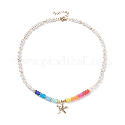 Starfish Pendant Necklace, Shell Pearl Beads Necklace, Polymer Clay Heishi Beads Necklace for Women, Colorful, 17.71inch (45cm)