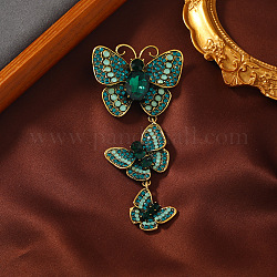 Broche de mariposa triple de aleación larga creativa, broche de insecto retro con rhinestone, accesorio para traje de banquete de ceremonia, esmeralda, 110x52mm