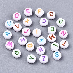 Perles acryliques blanches opaques, plat rond avec lettre de couleurs mélangées, lettre, 7x3.5mm, Trou: 1.2mm