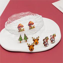 4 paio di orecchini a bottone in legno stampati con pupazzo di neve, albero di Natale, cervo e funghi, colore misto, 16~17x10~17mm