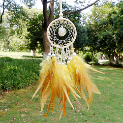 Toile/filet tissé en citrine naturelle avec décorations de pendentifs en plumes, avec des perles en bois  , recouvert de dentelle de coton et cordon villosités, 400x70mm