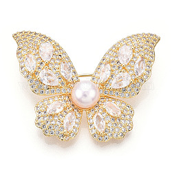 女性のための天然真珠の蝶のブローチ  真鍮パヴェキュービックジルコニアピン  14KGP本金メッキ  32x41x11mm