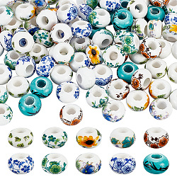 Olycraft 100pcs 10 couleurs perles de porcelaine européennes faites à la main, Perles avec un grand trou   , accessoires de bricolage pour la fabrication de bijoux, rondelle avec motif de fleurs, couleur mixte, 14x9mm, Trou: 5mm, 10 pcs / couleur