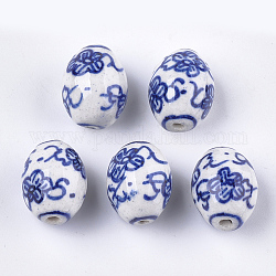 Perles en porcelaine manuelles, porcelaine bleue et blanche , ovale, bleu, 19x14mm, Trou: 1.6mm