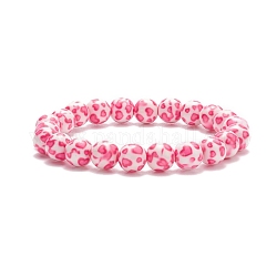 Bracciale elasticizzato da donna con perline rotonde in resina stampa leopardo, rosa caldo, diametro interno: 2-3/8 pollice (6 cm), perline: 10 mm