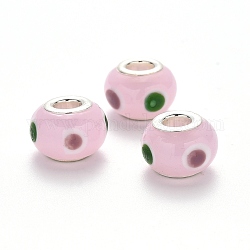 Perles européennes vernissées manuelles, perles de rondelle avec grand trou , en laiton de tonalité de platine noyaux doubles, vert de mer moyen, 14~15x9~10mm, Trou: 5mm
