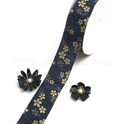 コットンリボン  波とゴールドトーンの花柄  服飾材料  プルシアンブルー  1-5/8インチ（40mm）  約10ヤード/ロール