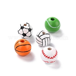 Perline di legno naturale, tinto, tondo, modelli di palloni sportivi misti, 15.5x14.5mm, Foro: 3.2 mm