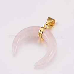 Pendentifs de quartz rose naturel, avec les accessoires en laiton, double corne / croissant de lune, or, 35x32x10mm, Trou: 4.5x8mm