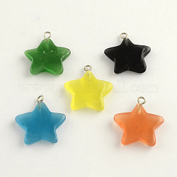 Cat Eye Pendants with Platinum Tone Iron Findings, Star, Mixed Color, 23x20x3.5mm, Hole: 2mm