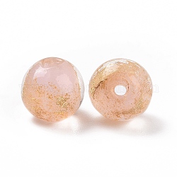 Handgemachte Glasperlen Goldfolie, Runde, rosa, 10x9~10 mm, Bohrung: 1.6~2 mm