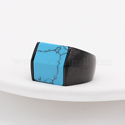 Прямоугольное кольцо на палец с синтетической бирюзой, электрофорез ювелирные изделия из черной титановой стали, электрофорез черный, внутренний диаметр: 19 мм