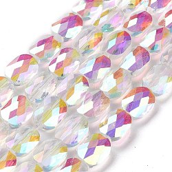 Hebras de perlas de vidrio transparente galvanizadas facetadas, medio arco iris chapado, oval, Claro, 10.5x8x5mm, agujero: 1.5 mm, aproximamente 58~60 pcs / cadena, 25.59 pulgada (65 cm)