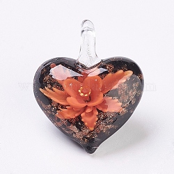 Подвески лэмпворк ручной работы, со цветком внутри , сердце, оранжевые, 38x33x16 мм, отверстие : 6x6 мм