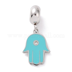 304 Stainless Steel European Dangle Charms, Large Hole Pendants, with Crystal Rhinestone and Enamel, Hamsa Hand/Hand of Miriam, Stainless Steel Color, Turquoise, 24mm, Hole: 4.5mm, Pendant: 15x11x1.5mm