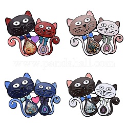 4 pièces 4 couleurs épingles en émail double chat, broches en alliage d'animaux pour vêtements de sac à dos, électrophorèse noir, couleur mixte, 48x55x8.5mm, 1 pc / couleur