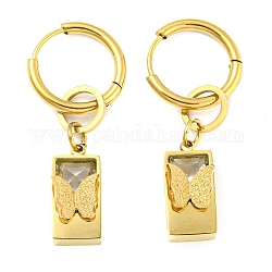 Placcatura ionica (ip) 304 rettangolo in acciaio inossidabile con orecchini a cerchio pendenti a farfalla, con perle di vetro per le donne, oro, 38x7.5mm