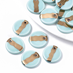 Two Tone Handmade Porcelain Pendants, Ornamental with Gold, Flat Round, Pale Turquoise, 21.5x4mm, Hole: 1.6mm