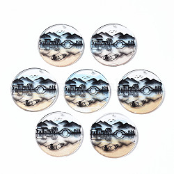 Pendentifs acryliques imprimés transparents, plat rond avec bâtiment et paysage, colorées, 35x2.5mm, Trou: 1.6mm