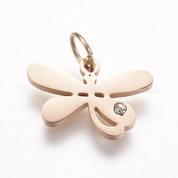 316 Surgical Stainless Steel Pendants, with Rhinestone, Dragonfly Charms, Rose Gold, 10x15x1.5mm, Hole: 3.5mm