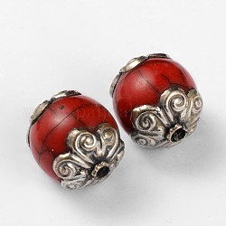 Rotonde perline stile tibetano, con turchese sintetico e antichi reperti d'argento ottone, rosso scuro, 18x15mm, Foro: 2 mm