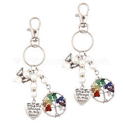 CHGCRAFT 2Pcs Chakra Tree Of Life Natural/Synthetic Mixed Stone Pendant Keychain, with Pearl Angel Charms and Heart with Word Charms for Woman Man, Platinum, 8.9cm