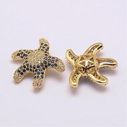 Brass Micro Pave Grade AAA Cubic Zirconia Beads, Long-Lasting Plated, Cadmium Free & Nickel Free & Lead Free, Starfish/Sea Stars, Real 18K Gold Plated, 20x18x6mm, Hole: 2mm