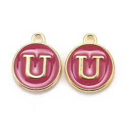 Golden Plated Alloy Enamel Charms, Cadmium Free & Lead Free, Enamelled Sequins, Flat Round with Letter, Camellia, Letter.U, 14x12x2mm, Hole: 1.5mm
