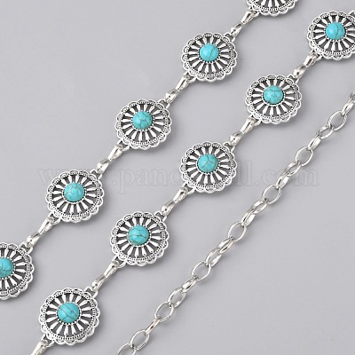 Ремень с цепочками из синтетических бирюзовых цветов&nbsp;AJEW-WH0258-427-1