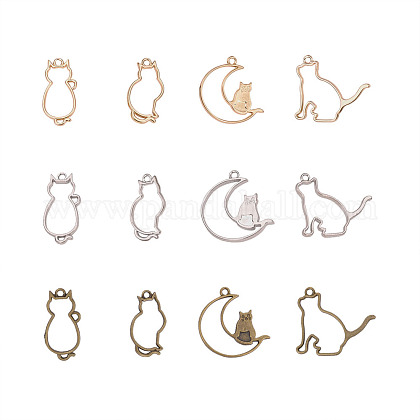 OLYCRAFT 36pcs Cat Theme Open Bezel Charms 4-Style & 3-Color Alloy Frame Pendants Hollow Resin Frames with Loop for Resin Jewelry Making PALLOY-OC0001-17-FF-1