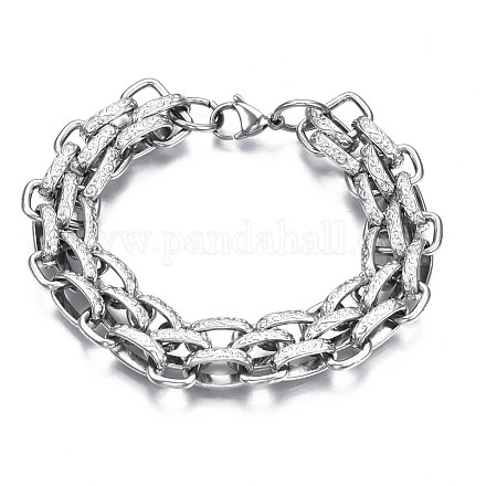 201 pulsera de cadena de malla de acero inoxidable con estampado de hojas para hombres y mujeres BJEW-S057-92-1