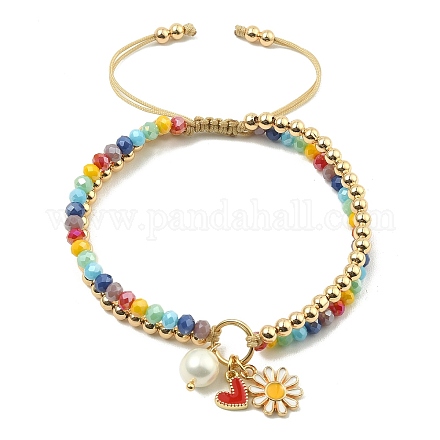 Bracelet à breloques en émail cœur et marguerite avec perle de coquillage BJEW-TA00383-1