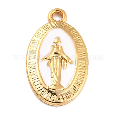 黄金の合金エナメルペンダント  長持ちメッキ  奇跡のメダルの聖母  オーバル  ホワイト  21x12x1.5mm  穴：1.7mm KK-P197-16B-1