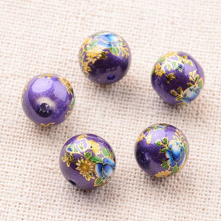 Flower Picture Printed Glass Round Beads GLAA-J087-10mm-B01-1