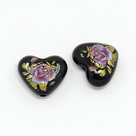 Flower Printed Opaque Acrylic Heart Beads SACR-O001-03E-1
