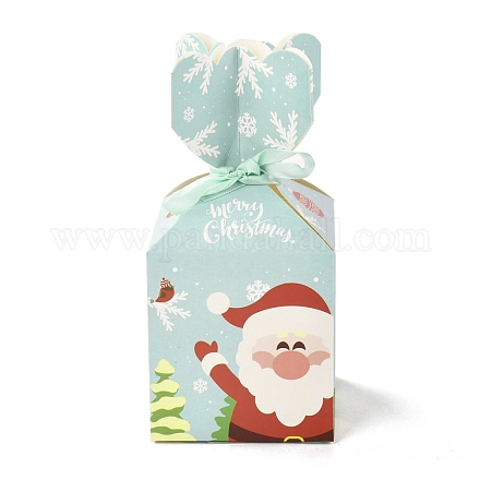 クリスマステーマ紙折りギフトボックス  リボン付き  プレゼント用キャンディークッキーラッピング  ライトシアン  サンタクロース  8.8x8.8x18cm CON-G012-03D-1