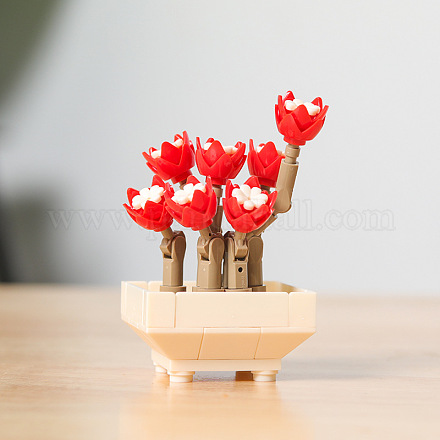プラスチック多肉植物植物ビルディングブロックDIYおもちゃセット  多肉植物盆栽モデル  ギフトの家の装飾のため  レッド  55x55x90mm DIY-I077-07-1