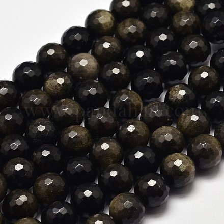 Faceted Round Natural Golden Sheen Obsidian Beads Strands G-I176-39-10mm-1