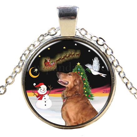 クリスマステーマの子犬のガラスペンダントネックレス  合金パーツ  ラブラドルレトリバーと雪だるまとそりを持つサンタクロースのフラットラウンド  銀色のメッキ  17.7インチ（45cm）  ペンダント：27mm NJEW-J056-B995-S-1