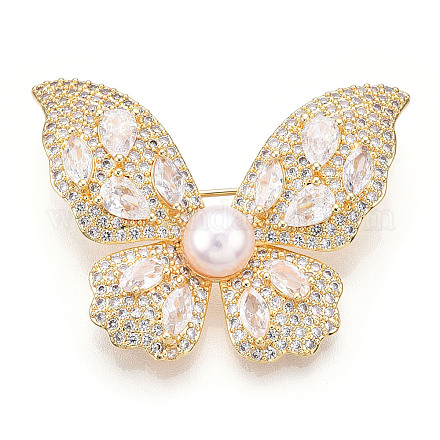 女性のための天然真珠の蝶のブローチ  真鍮パヴェキュービックジルコニアピン  14KGP本金メッキ  32x41x11mm JEWB-N001-14G-1