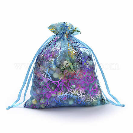 オーガンジーギフトバッグ巾着袋  巾着袋  カラフルなサンゴ模様  長方形  ダークターコイズ  18x13cm OP-Q051-13x18-01-1