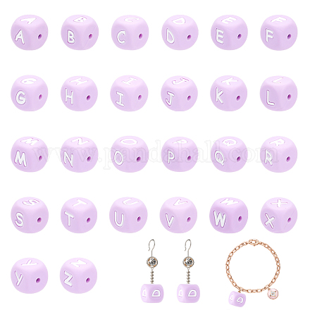CHGCRAFT 26Pcs 26 Letters Silicone Beads Purple Silicone Beads Cube Silicone Beads DIY Silicone Beads Bulk for Earring Necklace Jewelry Making SIL-CA0001-36-1
