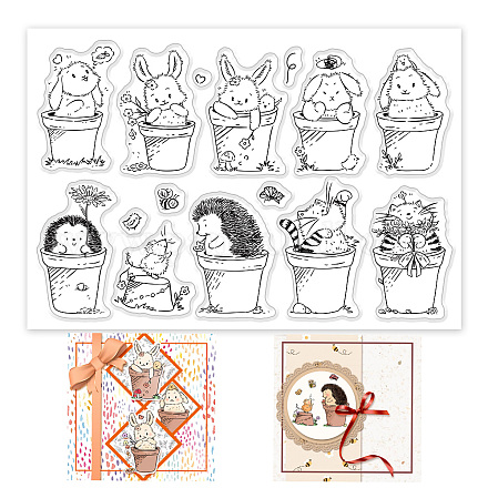 GLOBLELAND Pot Animals Clear Stamps Potted Plant Bunny Dog Cat Hedgehog Silicone Clear Stamp Seals for Cards Making DIY Scrapbooking Photo Journal Album Decoration DIY-WH0167-56-1045-1