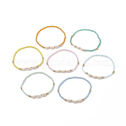 7 pièces 7 couleurs coquillage naturel et graine et bracelets extensibles perlés en laiton pour femme BJEW-JB09170-1