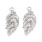 Alloy & Crystal Rhinestone Pendants, Leaf Charms, Platinum, 27.5x11.5x2mm, Hole: 2mm