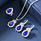 Teardrop Alloy Rhinestone Earring & Pendant Necklaces & Finger Rings Sets, Capri Blue, Necklaces: 420mm; Earring: 40x18mm; Ring: 17mm inner diameter