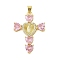 Rack Plating Brass Micro Pave Cubic Zirconia Heart Shape Virgin Mary Cross Pendant, Cadmium Free & Lead Free, Long-Lasting Plated, Real 18K Gold Plated, Pink, 39x28x6mm, Hole: 4x3mm