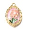 Alloy Enamel Pendants, with ABS Imitation Pearl, Oval with Flower, Rack Plating, Long-Lasting Plated, Lead Free & Cadmium Free & Nickel Free, Golden, Pearl Pink, 31x21x6mm, Hole: 2.2mm