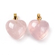 Colgantes naturales de cuarzo rosa, con fornituras de latón de tono de oro, charm de corazón, 18x15~15.5x6~8mm, agujero: 6x3 mm