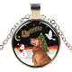 クリスマステーマの子犬のガラスペンダントネックレス  合金パーツ  ラブラドルレトリバーと雪だるまとそりを持つサンタクロースのフラットラウンド  銀色のメッキ  17.7インチ（45cm）  ペンダント：27mm NJEW-J056-B995-S-1